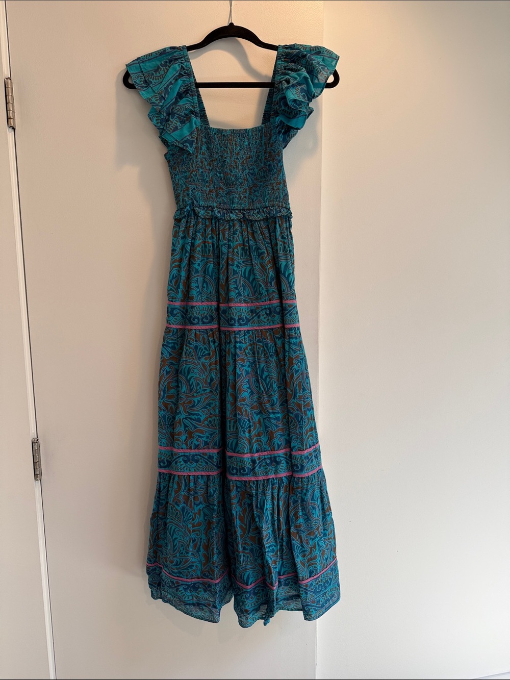 Cleobella Teal Floral Ruffle Strap Maxi Dress